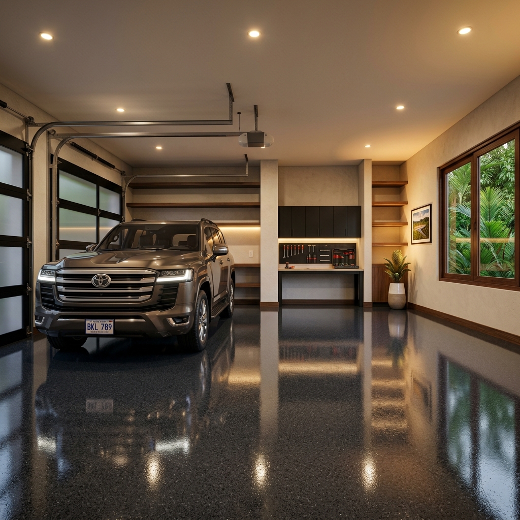 Piso epóxico impecable para cochera residencial de casa en Costa Rica