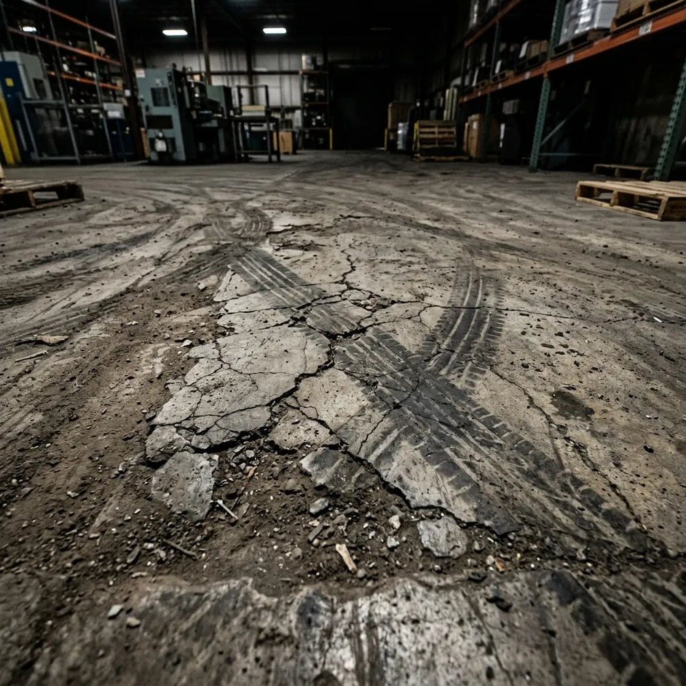 Losa de concreto industrial dañada antes de reparación